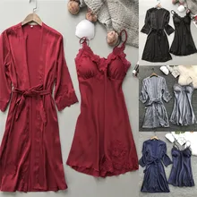 Сексуальное женское белье, шелковое атласное кружевное платье, ночная рубашка, пижама, кимоно-пижамы, красный, черный, синий, серый