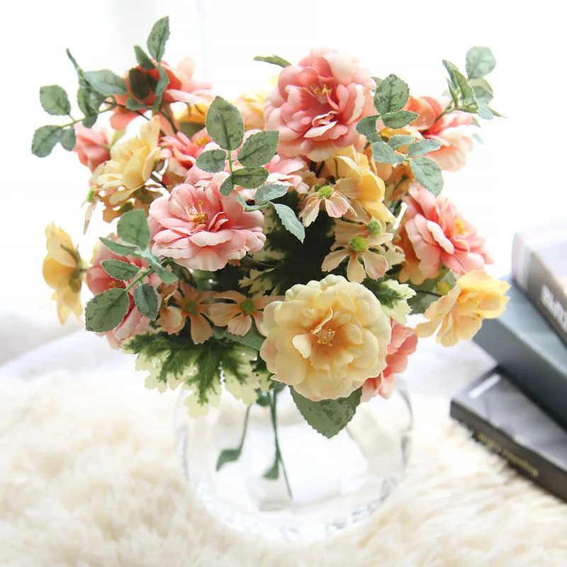 

High Quality 1 Bouquet Artificial Flowers Silk Flower European Rose Fall Vivid Peony Fake Leaf Wedding Home Party Decoration