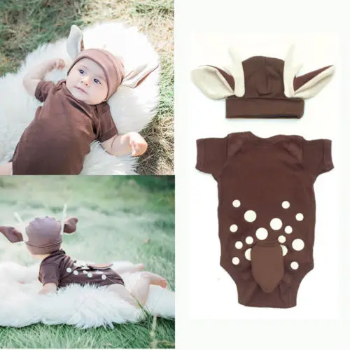 

Hot Sale Christmas Baby Boys Girls Cartoon Deer Short Sleeve Romper Bodysuit+3D Deer Ear Hat Kawaii Outfits Set Clothes Costume
