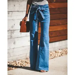 2018 женские джинсы Стильные эластичные узкие со шнуровкой свободные брюки Terse Стиль Высокая талия bell-нижняя брюки для леди плюс размер