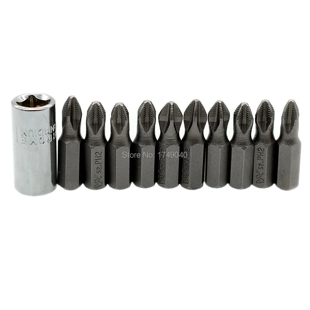 

10pcs 25mm Magnetic Screwdriver PH2 Phillips Bits Set 1/4" Hex Shank with 1/4" Square Drive to 1/4" Hex Shank Adapter Converter