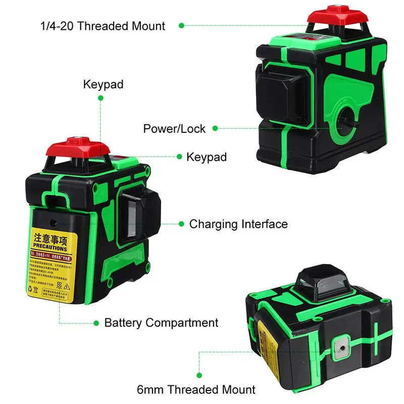 12 линий зеленый/синий перекрестный лазерный уровень 638nm/808nm 3D вращение на 360 градусов автоматическое выравнивание Горизонтальный Вертикальный лазерный луч