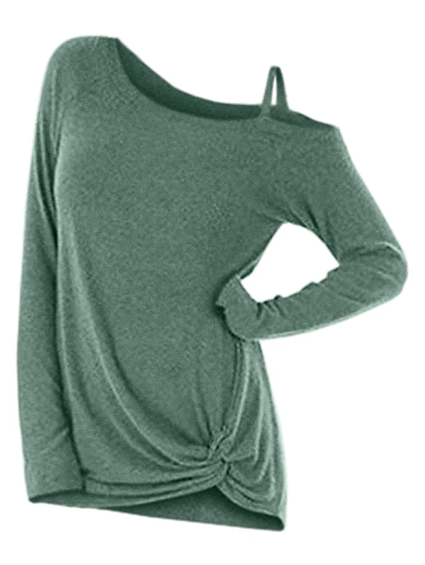 Wipalo Fashion Spring Knotted Skew Neck Sweater Long Sleeve Cut Out Solid Pullover Sweater Women Clothes One Shoulder Casual Top