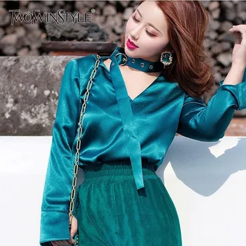 

TWOTWINSTYLE Satin Pullover Tops Female V Neck Bandage Long Sleeve Womens Shirts Blouse 2020 Spring Elegant Fashion Clothes