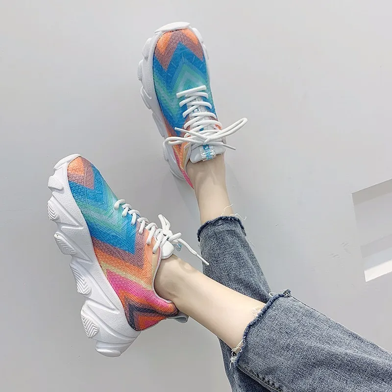 

Colorful Casual Platform Shoes For Women Summer Breathable Lace Up Flats Shoes Ladies Fashion Rainbow Sneakers Thick Footwear