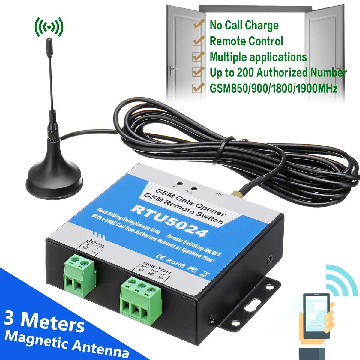 

GSM Door Gate Opener Relay Switch RTU5024 Remote Access Control + 3 Meters Antenna Wireless Door Opener By Free Call Support