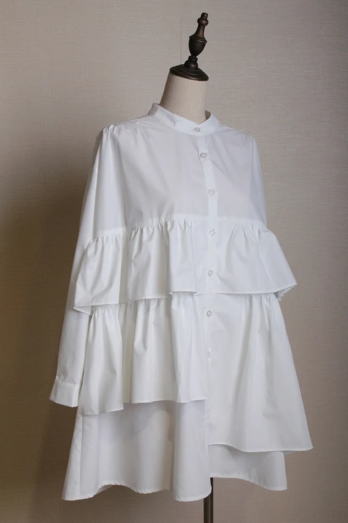 DEAT 2019 New Autumn Fashion Lady s Clothes Stand Collar Full Lantern Sleeve Ruffles Cake A-line Wide Shirt Female Blouse WB6350