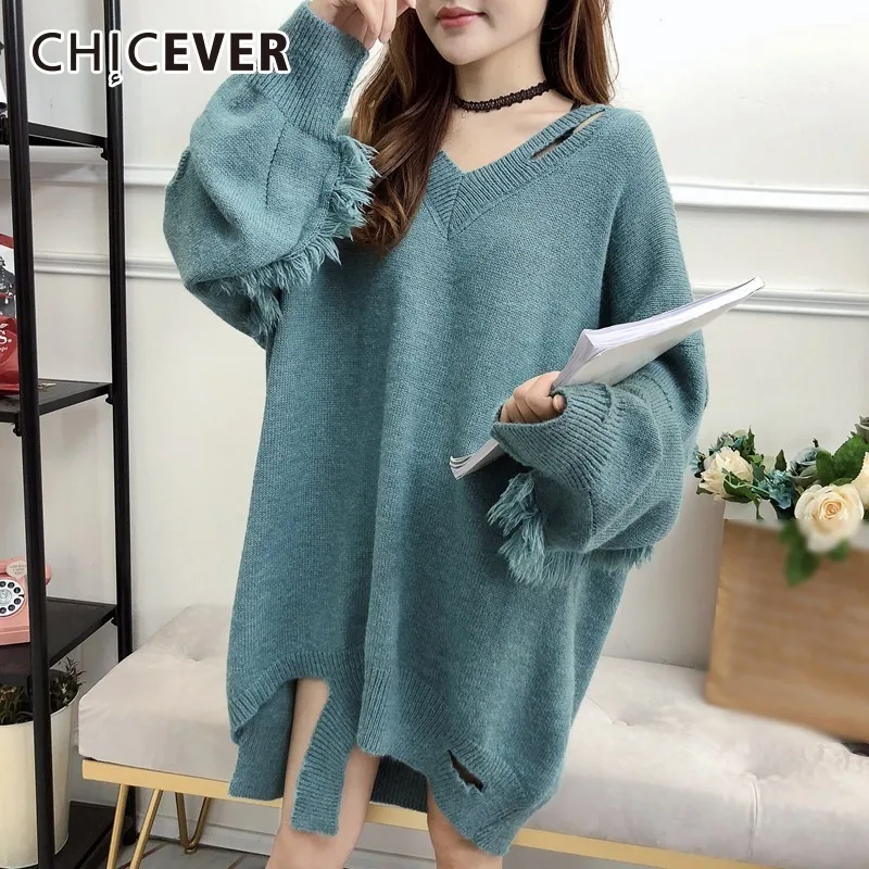 CHICEVER Knitted Sweater V Neck Patchwork Tassel Lantern Sleeve Loose Hollow Out Irregular Pullovers Tops Female Fashion Tide | Женская
