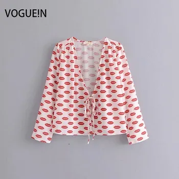 

VOGUEIN New Womens Sexy Lips Print Tie Up Long Sleeve Short Blouse Shirt Tops Wholesale