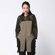 1441 Весна футболка с капюшоном для Для женщин Камуфляж High Street футболка с длинным рукавом Для женщин Свободные Завышение Нерегулярные футболка
