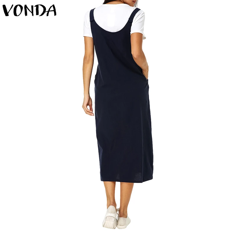 VONDA النساء خمر القطن اللباس 2019 الصيف الخريف السيدات عارضة فضفاض V الرقبة أكمام منتصف العجل سبليت جيوب الصلبة vestidos