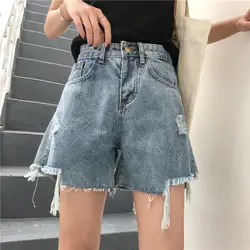 Лето 2019 г. для женщин шорты для рваные джинсы Высокая талия ленточки повседневное свободные синие пикантные Джинс