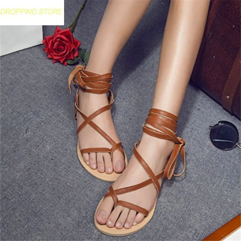 

2019 Women Black Brown Cow Leather Lace Up Strappy Roman Gladiator Sandals Summer Party Thong Flats Oxfords Shoes
