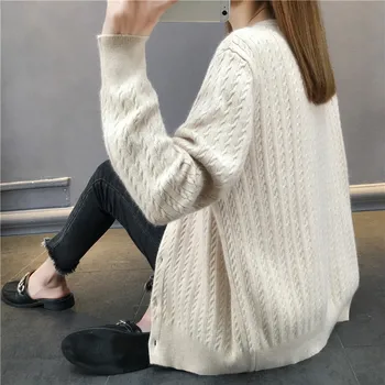 

Woman Round Neck Long Sleeve Knitting Upper Garment Cardigan Loose Coat