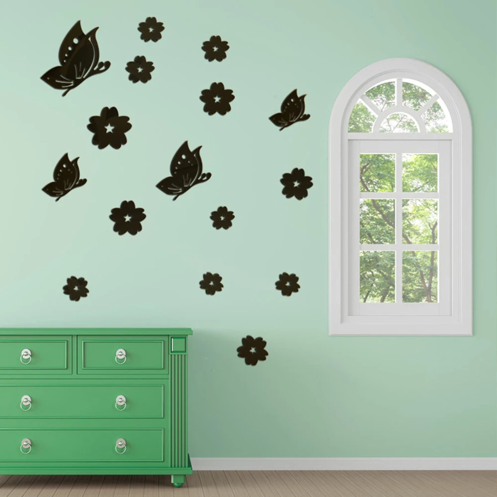 

10 Pcs/Lot Acrylic Mirror Sliver 3D Butterfly Flower Wall Stickers Butterflies Decors for DIY Home Kitchen Fridge Decoration