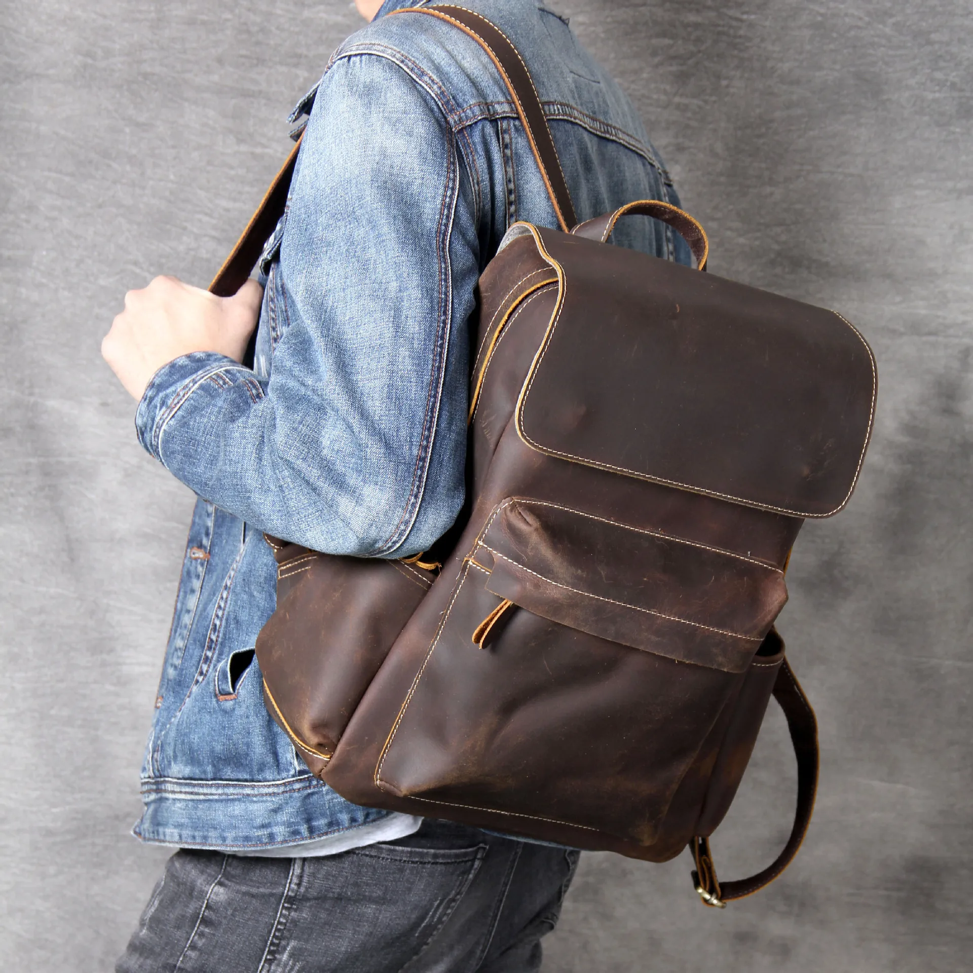 

Crazy Horse Cowhide Men Backpack School Bags Knapsack Male Daypack Travel Camputer Bag Vintage 100% Genuine Leather Rucksack New