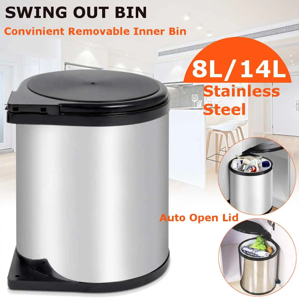 

8L/14L Cabinet Mounted Stainless Steel Auto Swing Out Rubbish Bin Rotate Trash Recycle Auto Waste Bins Kitchen Trash Dustbin