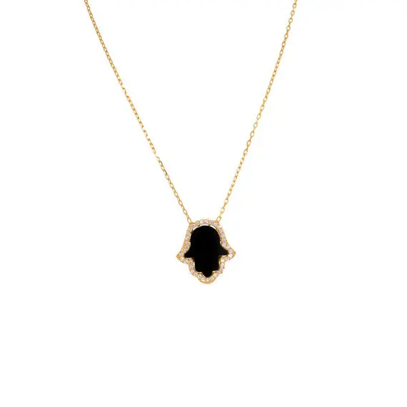 Black Onyx Hamsa Necklace , Silver and CZs, Hamsa Pendant,.jpg