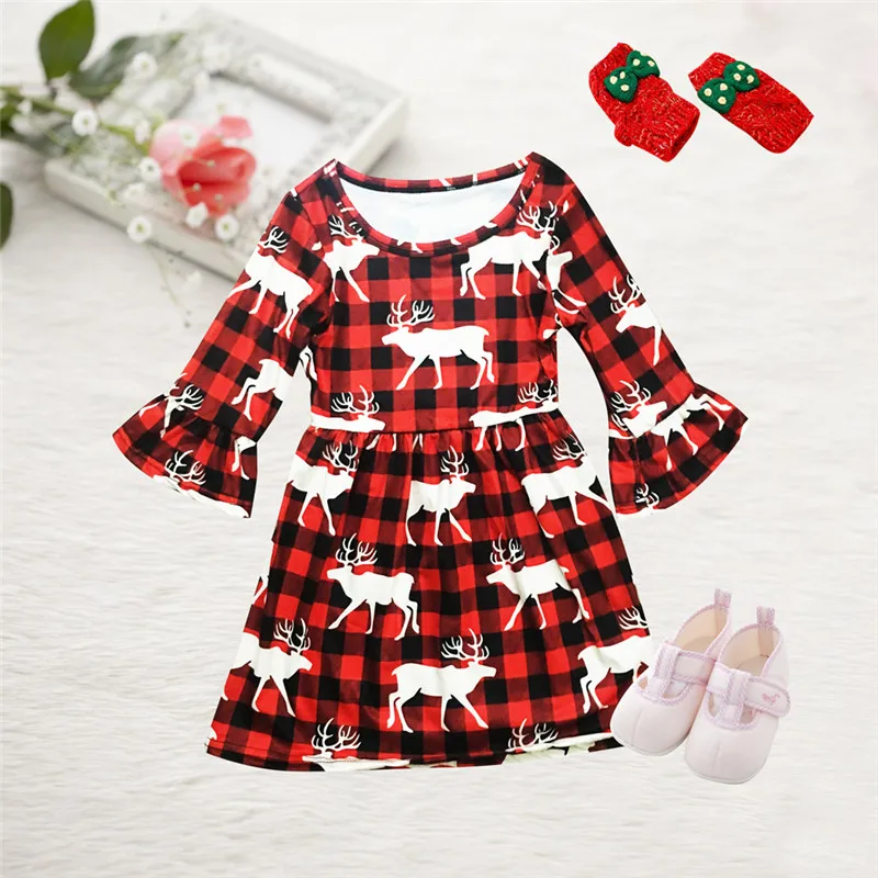 

2018 Pretty Kids Baby Girl Plaid Christmas Dress Girl Long Flare Sleeve Deer Print Princess Tutu Dress Xmas Party Dress 2-9Y