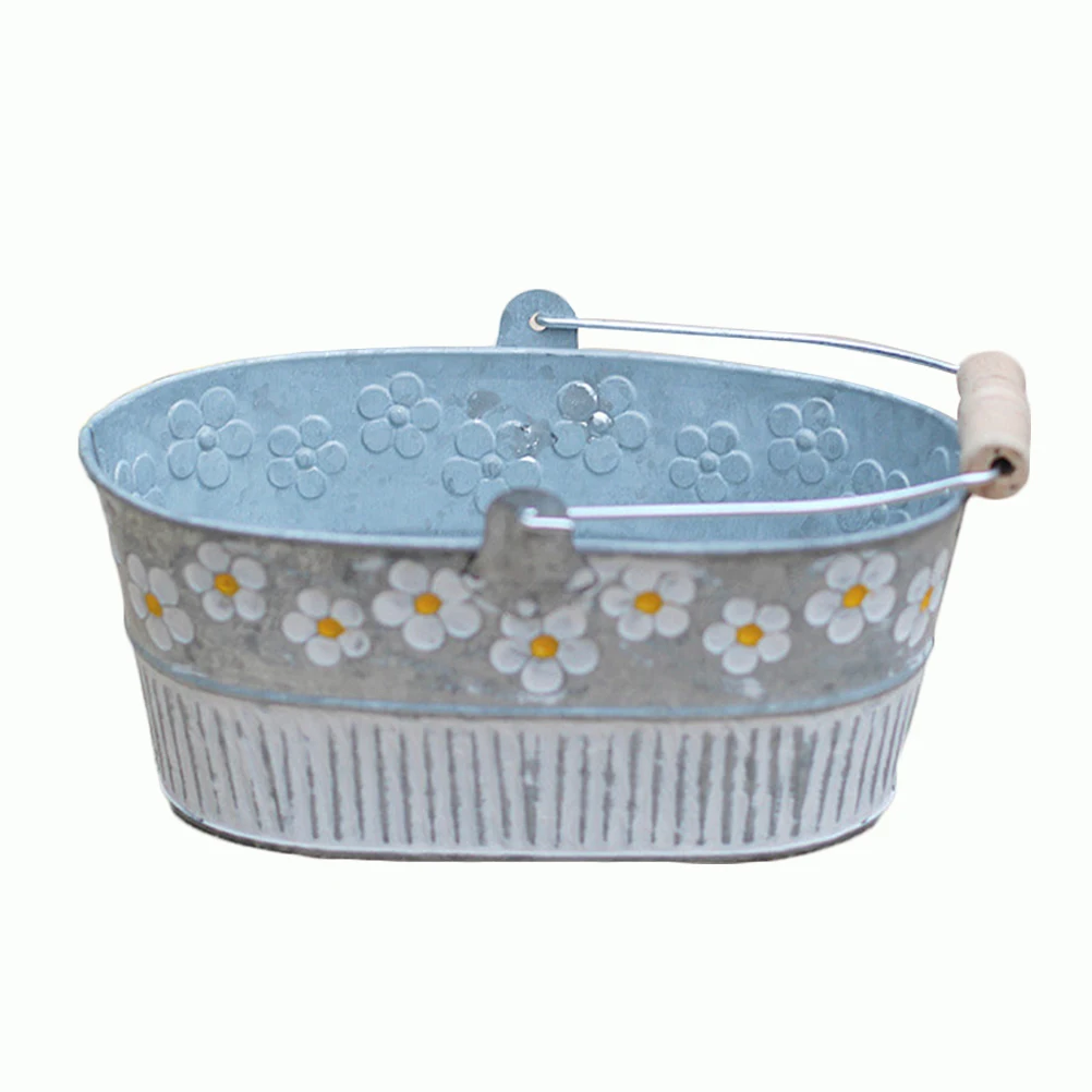 

1PC Practical Vintage Decorative Elegant Daisy Embossed Oval Flower Pot Metal Tin Bucket Planter Pots Home Decoration