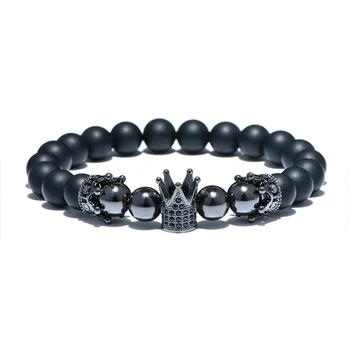 

Classic King Crown Design Mens Bracelet Gold Silver Color Natural 8mm Stone Beads Bracelets For Men Cool Biker male Jewelry gift