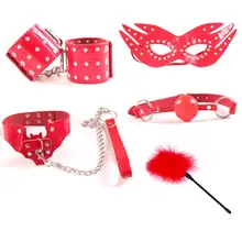5Pcs Exotic Faux Leather Bondage Whip Handcuffs Face Mask Neck Collar Slavery Adult Game Sex Toys