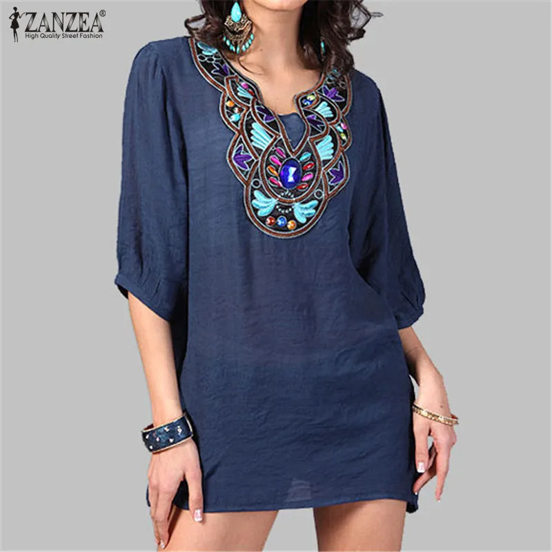 

ZANZEA 2019 Summer Sexy Mini Sundress Women Embroidery Vintage Dress V Neck Lady Casual Loose Short Vestidos Long Tops Plus Size