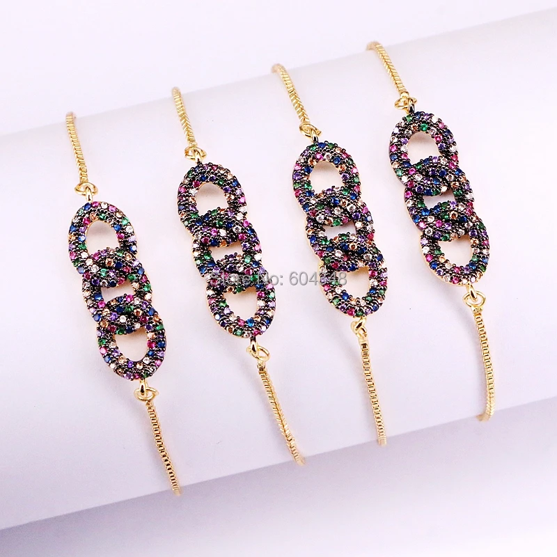 10 шт. ZYZ339-2423 Новое поступление Три соединенные круги Радуга фианит CZ Кристалл Регулируемый направляющие браслеты для женщин