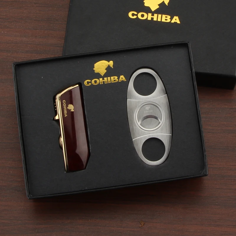 

COHIBA Cigar Ligther Set 3 Flame Torch Windproof Butane Gas Refillable Built-in Punch Cigarette Lighter Cigar Cutter Set