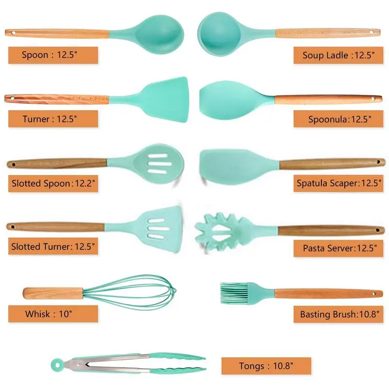 

11 Piece Silicone Cooking Kitchen Set Bamboo Wooden Handle Cooking Tool Non-toxic Silicone Turner Tongs Spatula Spoon Gadget