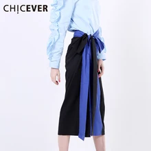 Chicever Кружево до Высокая талия длинная юбка миди Для женщин Юбки для женщин контраст Цвет лоскутное асимметричный Повседневная одежда Корейский осень