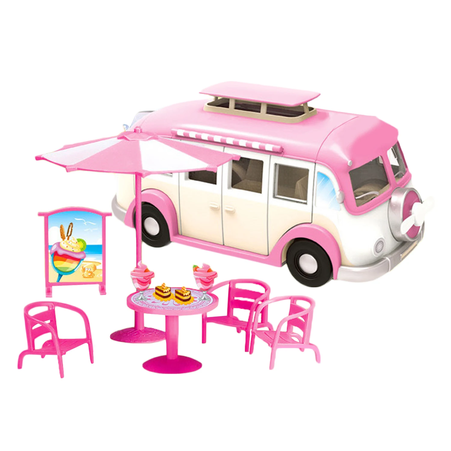 

Kids Fashion Cute Mini Simulation Plastic Pink Motorhome Camper Car Vehicle Dollhouse Furniture Accessories Pretend Play Toy