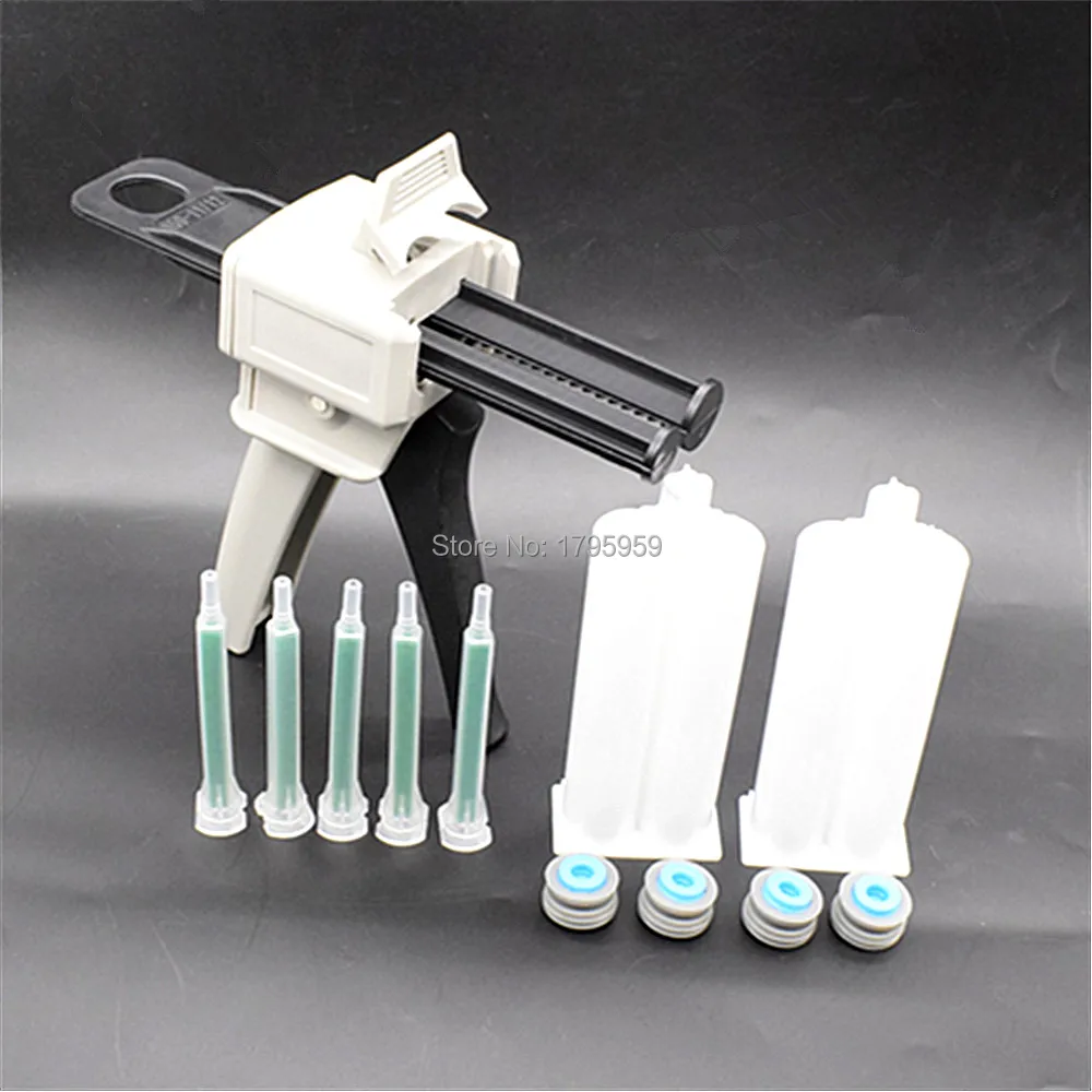 

50ml Two Component AB Glue Dispensing Gun Hand Tools Dispenser with 2 set 50ml Empty Dual-Barrel Cartridge and 5pc AB Mixed Tube