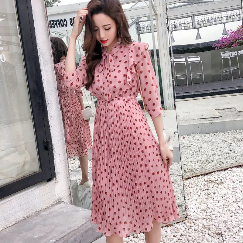 

Women Chiffon Dress A-line Dresses With Bow Single-breasted V-neck Korean Young Girl Woman Spring Pink Dress SP416