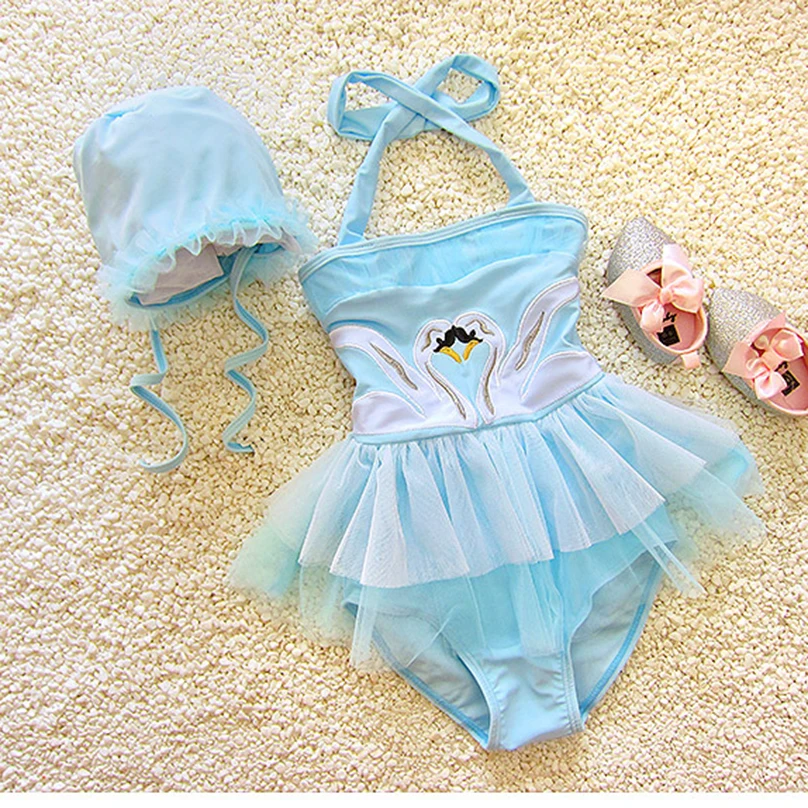 Summer swimwear for girls cartoon swan embroidery romper baby bathing