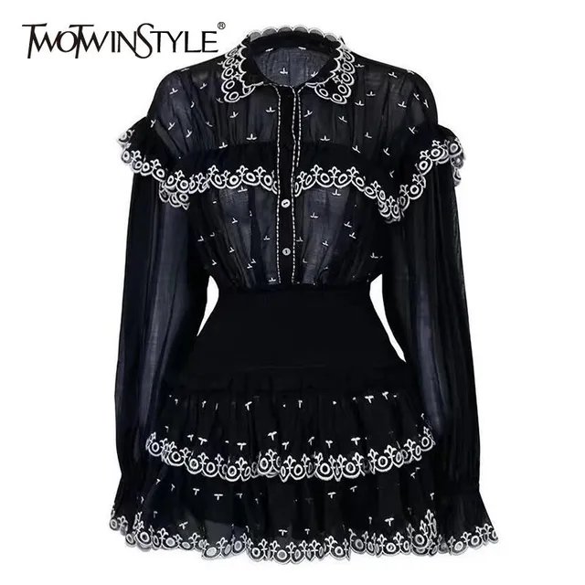 US $49.50 TWOTWINSTYLE Embroidery Ruffle Patchwork Two Piece Sets Female Perspective Flare Sleeve Shirts High