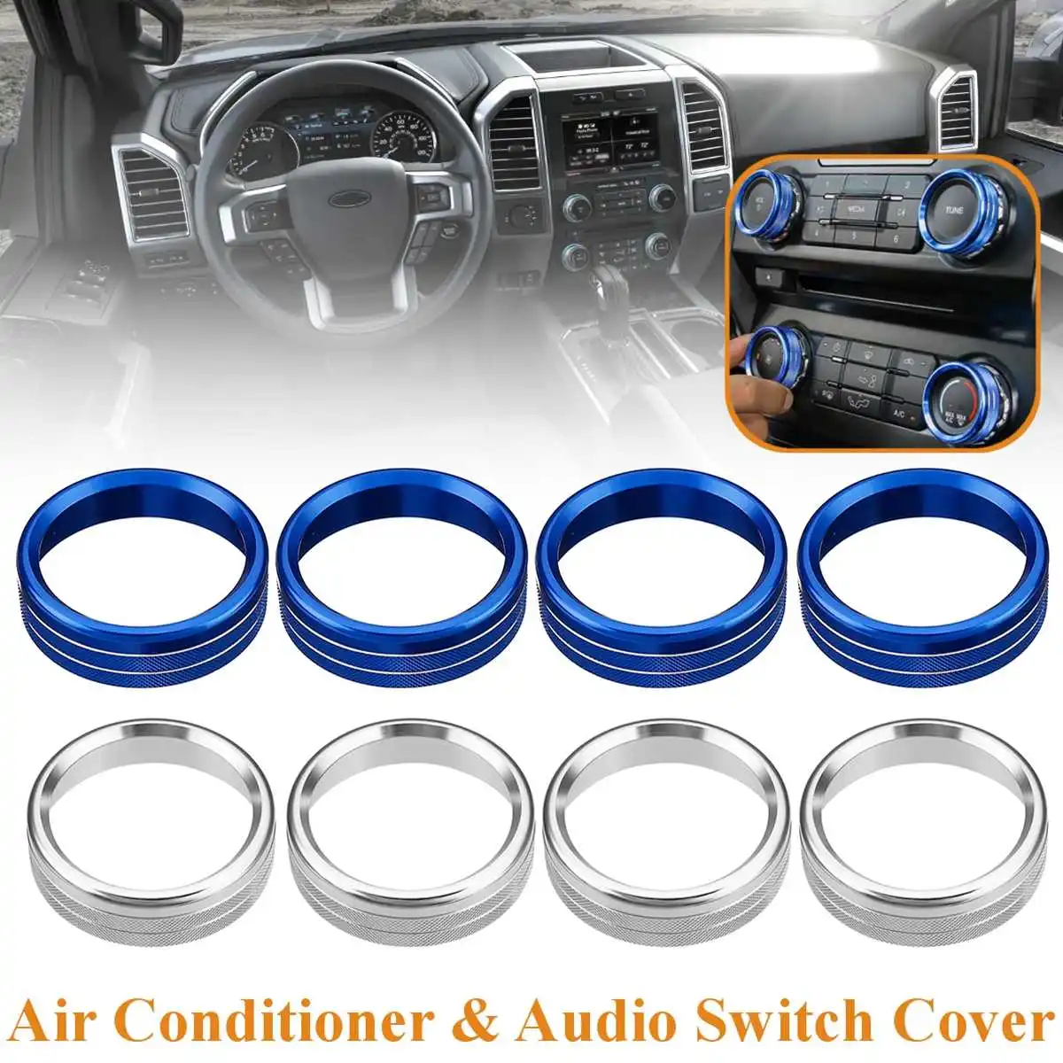 

4Pcs Air Conditioner And Audio Switch Aluminium Alloy For Ford F150 2016-2018 Knob Ring Buttons Cover Trim Frame Heater Control