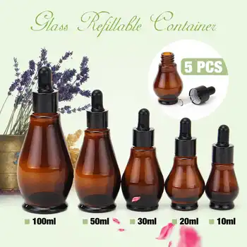 

5pcs 10/20/30/50/100ml Amber Glass 30ml Gropper Bottle 100ml Essential Oil Perfume Pipette Bottles Refillable Empty Container