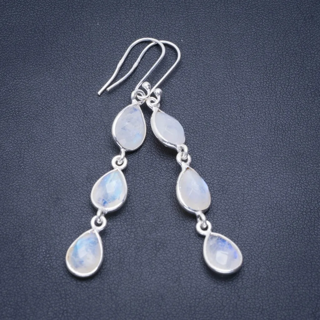 

Natural Rainbow Moonstone Handmade Unique 925 Sterling Silver Earrings 2.5" A2463