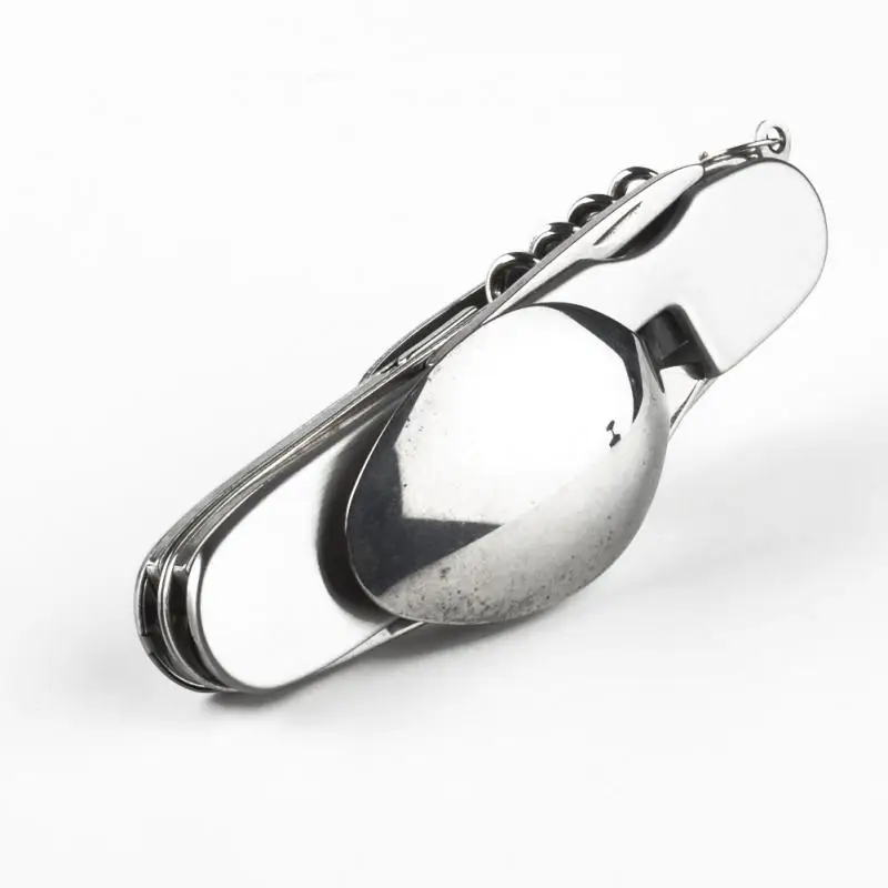 4 en 1 vajilla para exteriores (tenedor/cuchara/cuchillo/abrebotellas) Kits de bolsillo plegables de acero inoxidable para acampar para supervivencia de senderismo