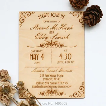 

Wood Wedding Invitation - Art Deco Scroll Design Wedding Invitation - Real Wooden Invite