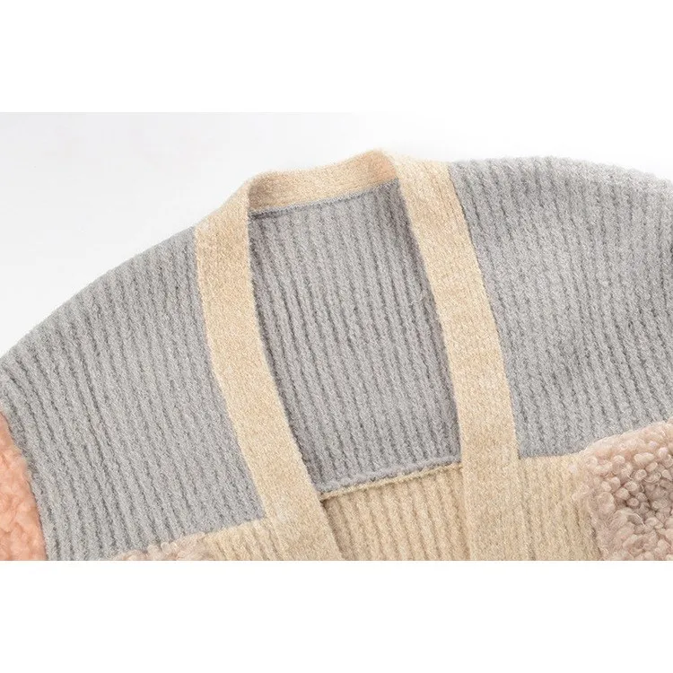 Patchwork En Cachemire Manteau Picture Mode Manches Tricot As Épissage À Cardigan Agneau Faux Fourrure Lâche Femmes Hiver Et Chaud Automne Longues De W4qXAXP8