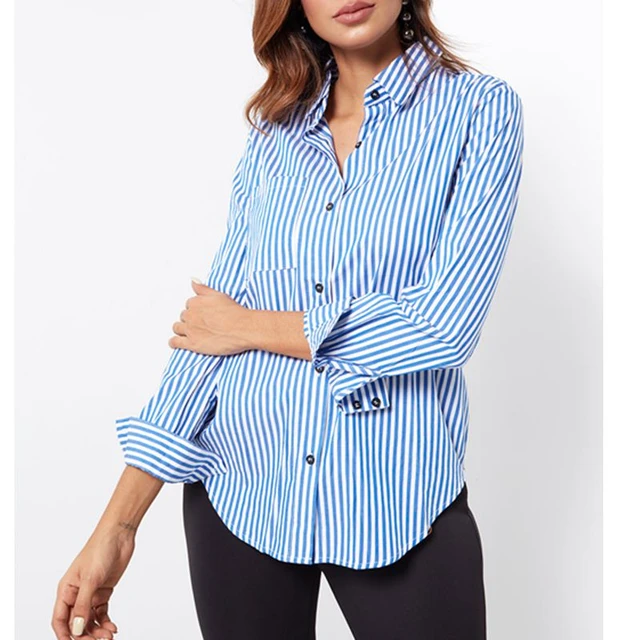 2019 primavera blusa camisas Casual azul blanco rayas camisas suelta manga larga Collar botón Tops camisa de - AliExpress