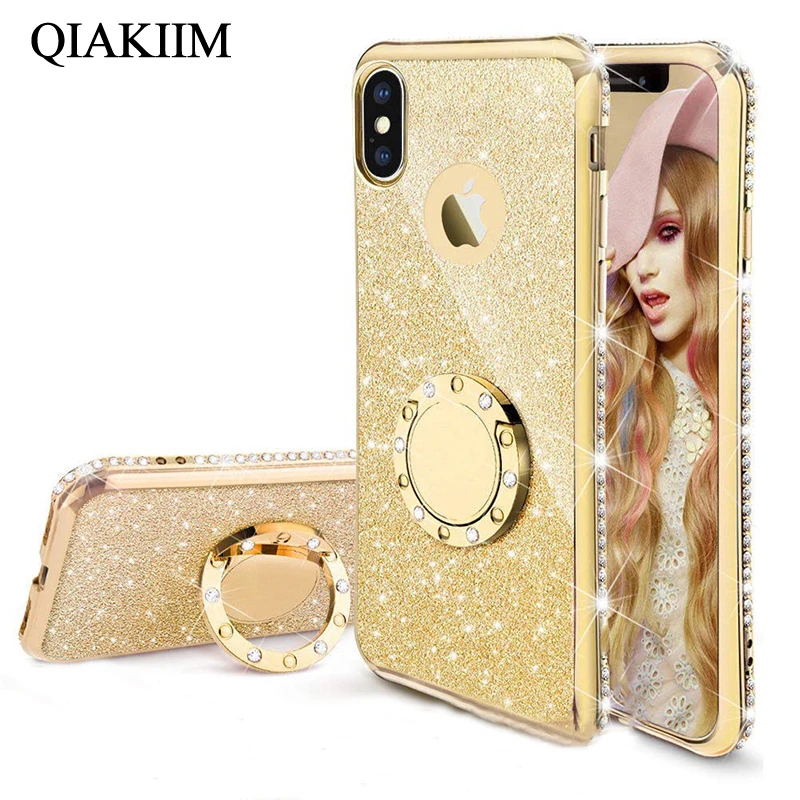 case for iphone 8 Glitter Bling Diamond Plating Soft TPU Cover For iPhone 11 12 XS Max XR X 6S 6 7 8 Plus 360 Rotating Finger Ring Kickstand Case case for iphone 7