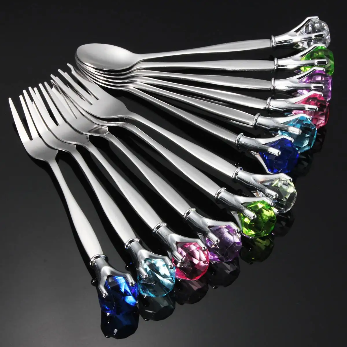 

2Pcs Tableware Stainless Steel Diamond Dinnerware Coffee Fruit Dessert Fork & Spoon Set Food Utensi scoop supply