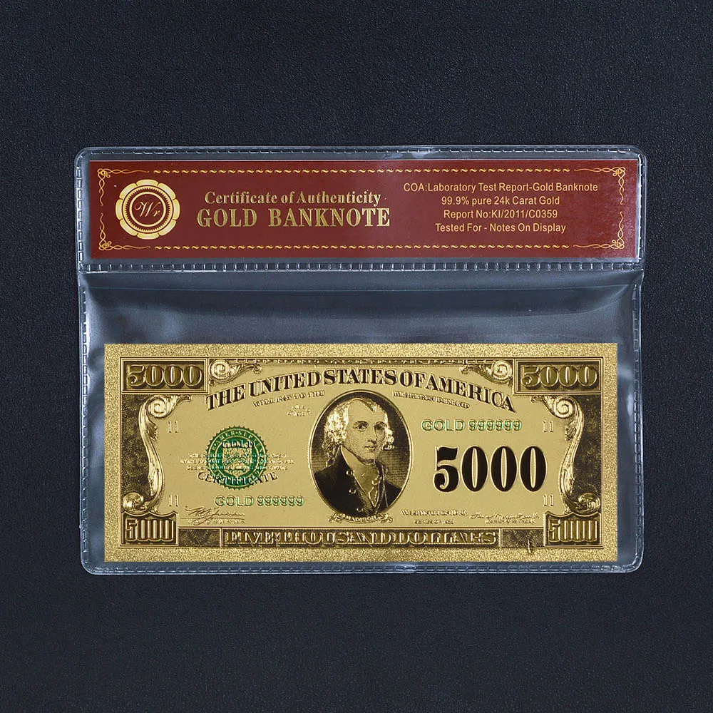 24k Gold Foil Bank Note US 5000 Dollar Colored Gold Plated Banknote