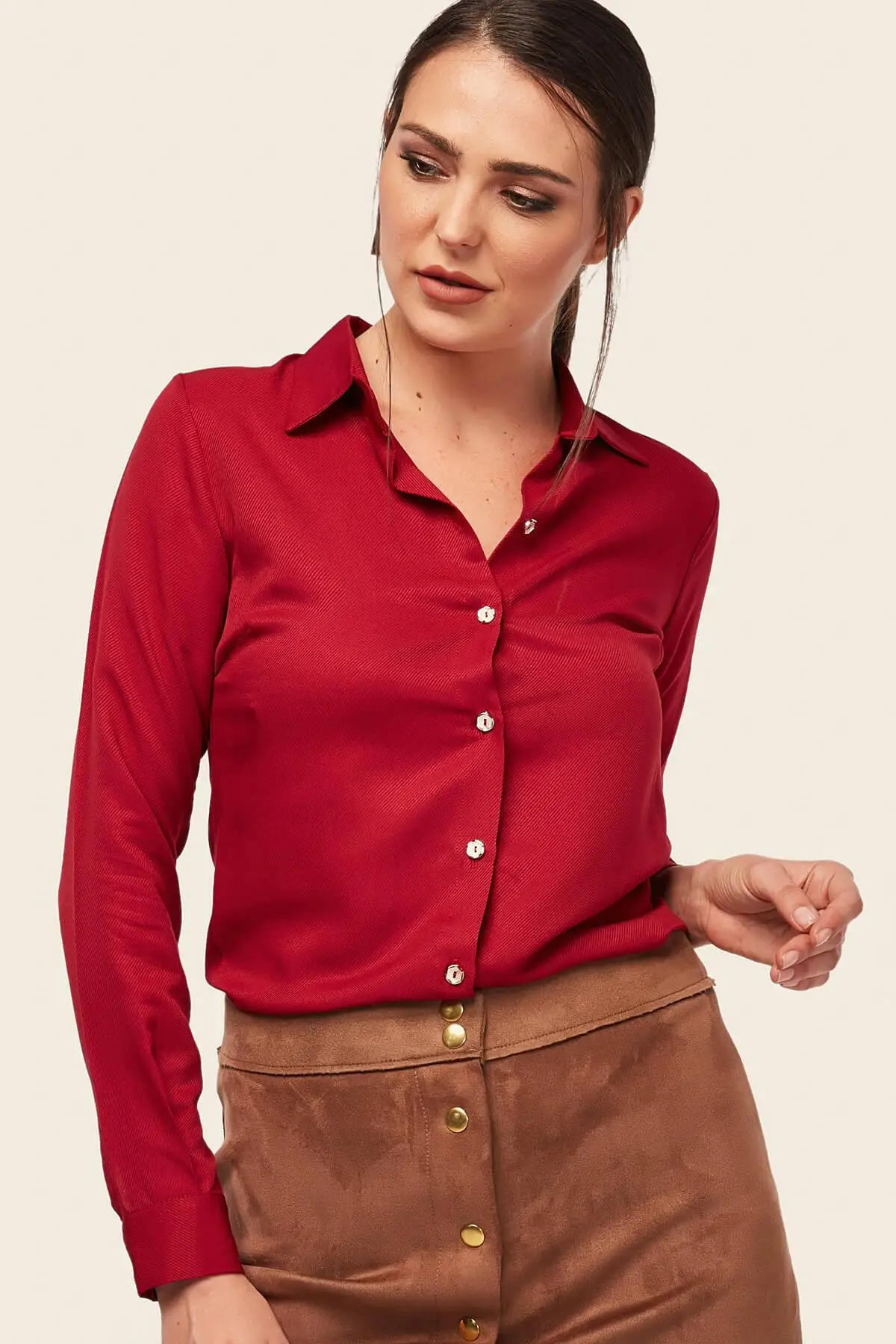 Armonika Women Burgundy Long Sleeve Straight Shirt ARM 18Y001176in