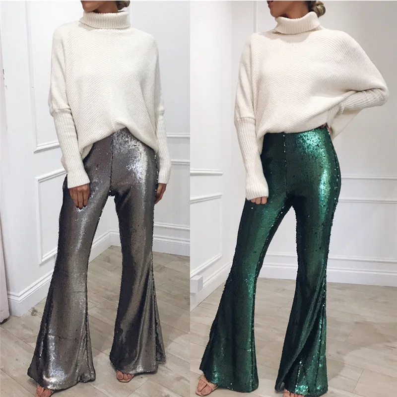 

2019 Brand New Fashion Women Palazzo High Waist Flared Pants Shiny OL Work Lady Sequined Long Trousers Solid Color Pants