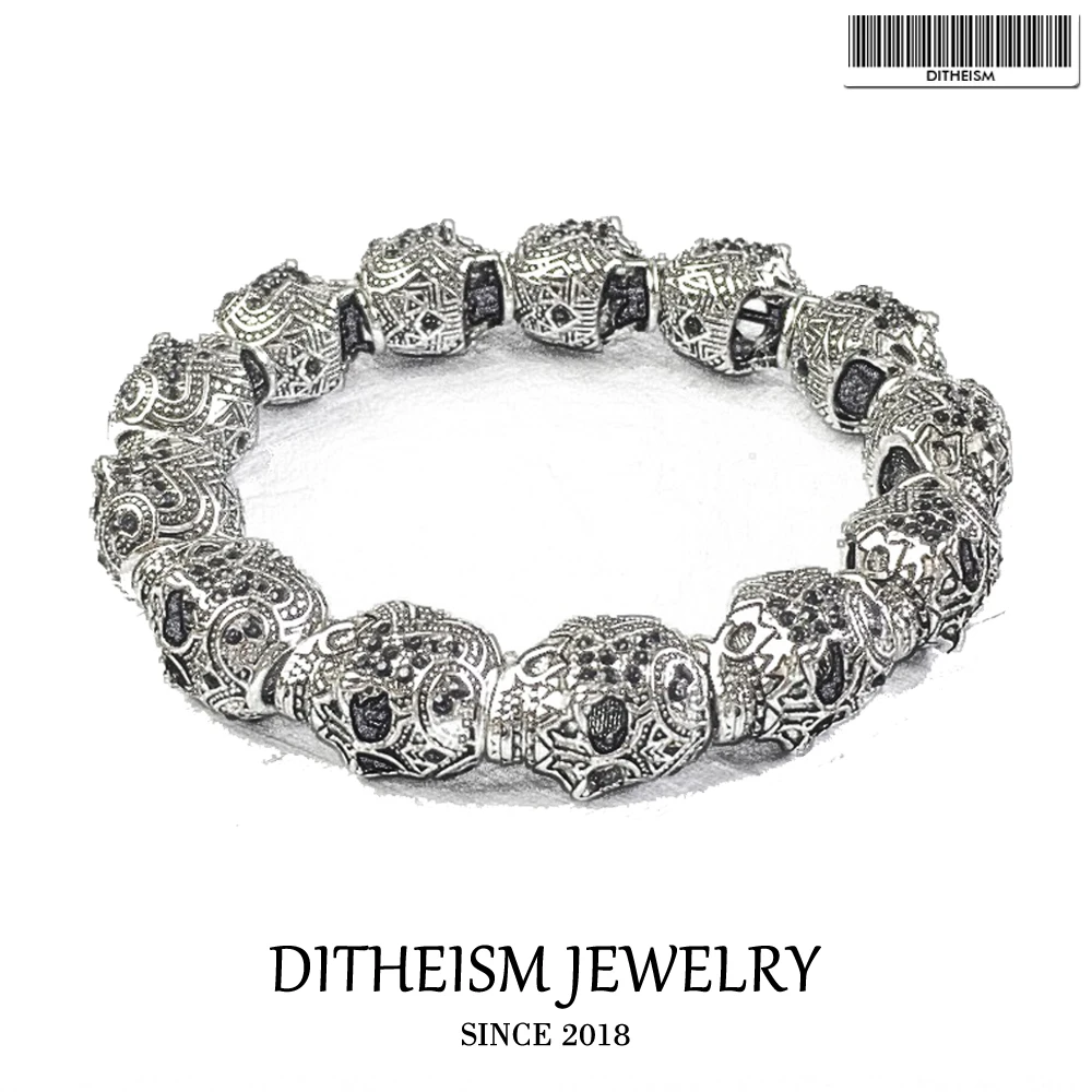 

Strand Bracelets with Skull Pave Beads, 2018 New Blackened Silver Fashion Jewelry Punk Gift for Men Boy Women Girls