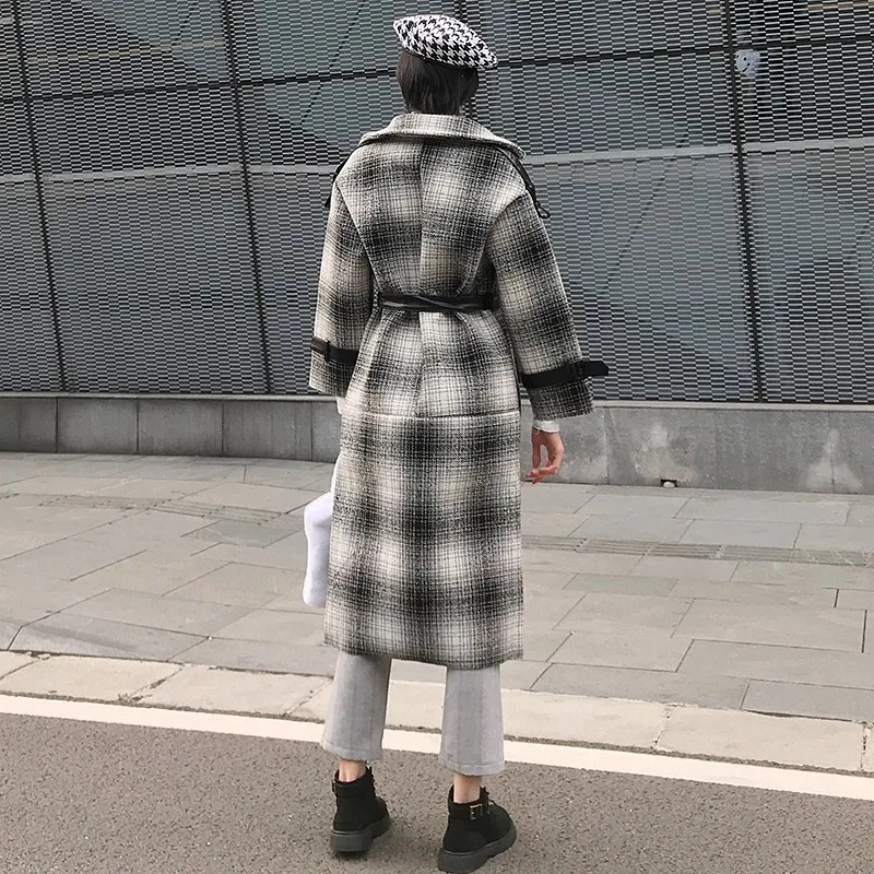 gray Twotwinstyle Cuir Pu Coréen Laine 2018 Mode Femme Femmes Dentelle Longues De Manteaux Manches En Hiver Plaid vent Blue Patchwork Up Coupe 4q1x4Fnr
